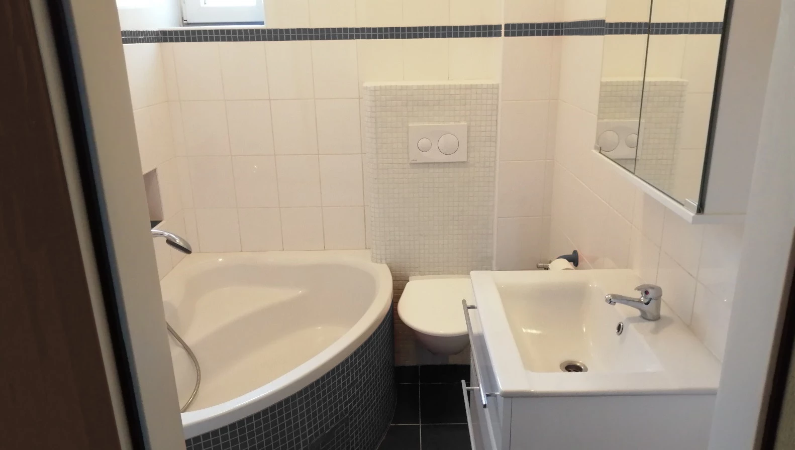 Standardní toaleta v nájemním bytě - závěsná toaleta, moderní umyvadlo, rohová vana, skříňka pod umyvadlem, skříňka nad umyvadlem
